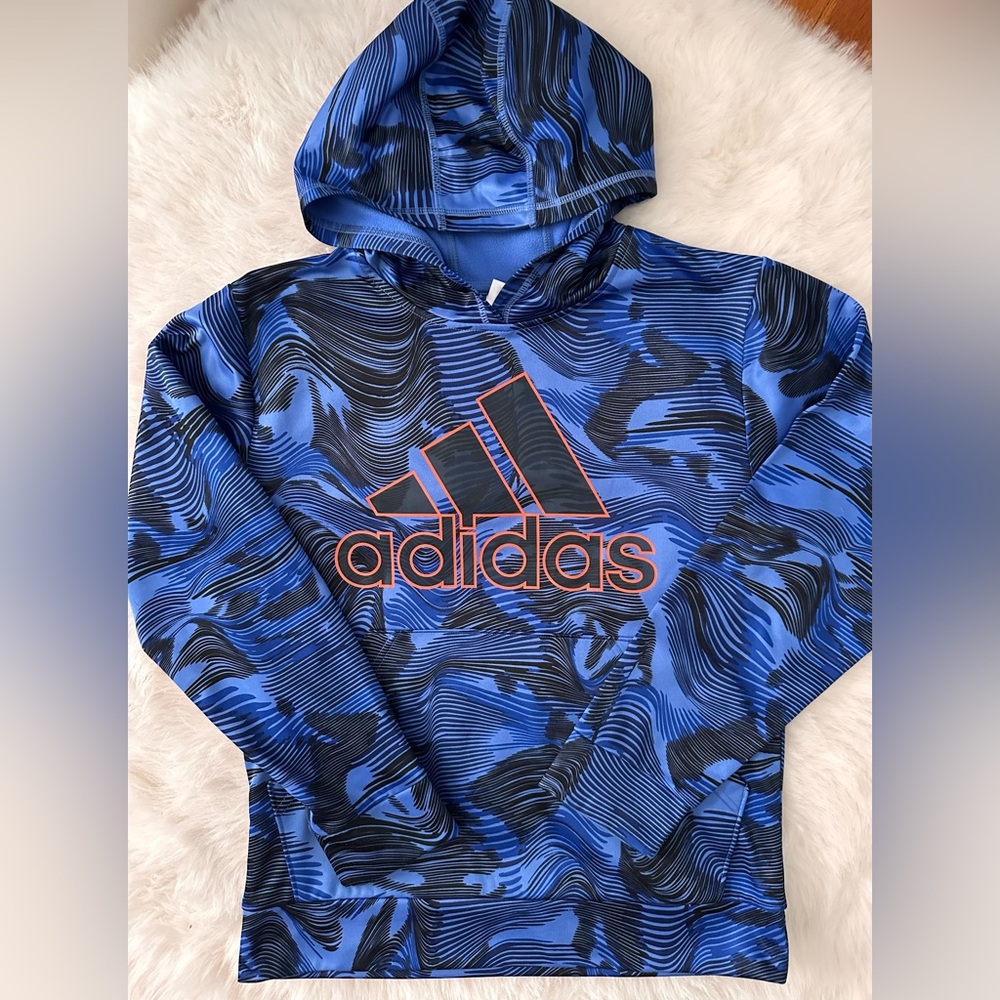 Adidas Blue and Black Graphic Pullover Polyester Hoodie Boys Size Large 14-16